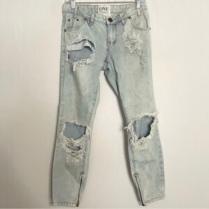 ONE by One Teaspoon Trashed Free Birds Distressed Destroyed Light Wash Jeans